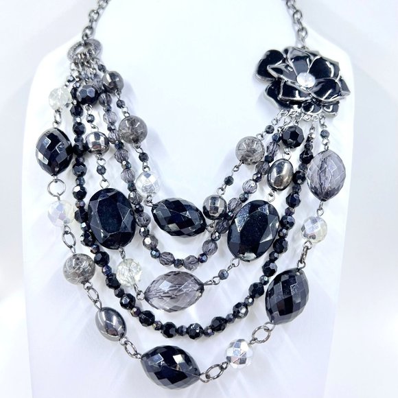 NY & CO - Multi Layered Enameled Black Flower Beaded Gunmetal Tone 16” Necklace - Picture 3 of 10